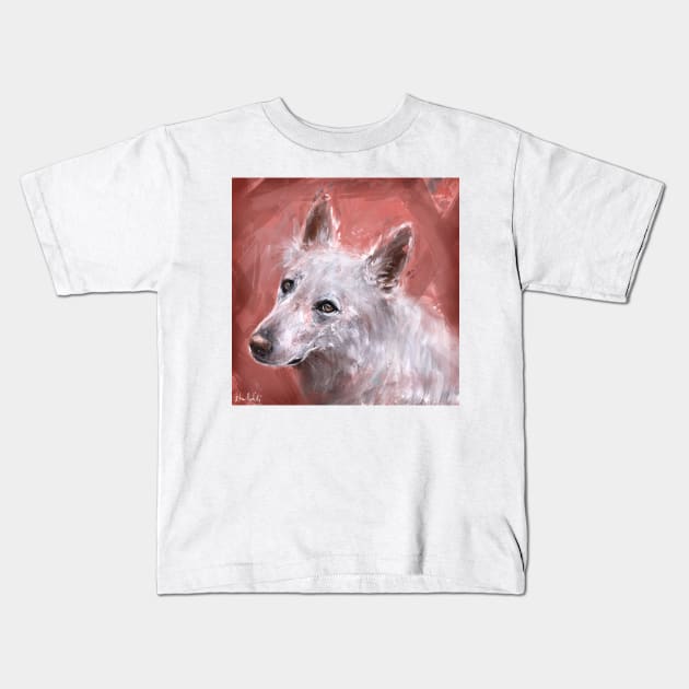 Chaotic Painting of a White Swiss Shepherd on Salmon Pink Background Kids T-Shirt by ibadishi